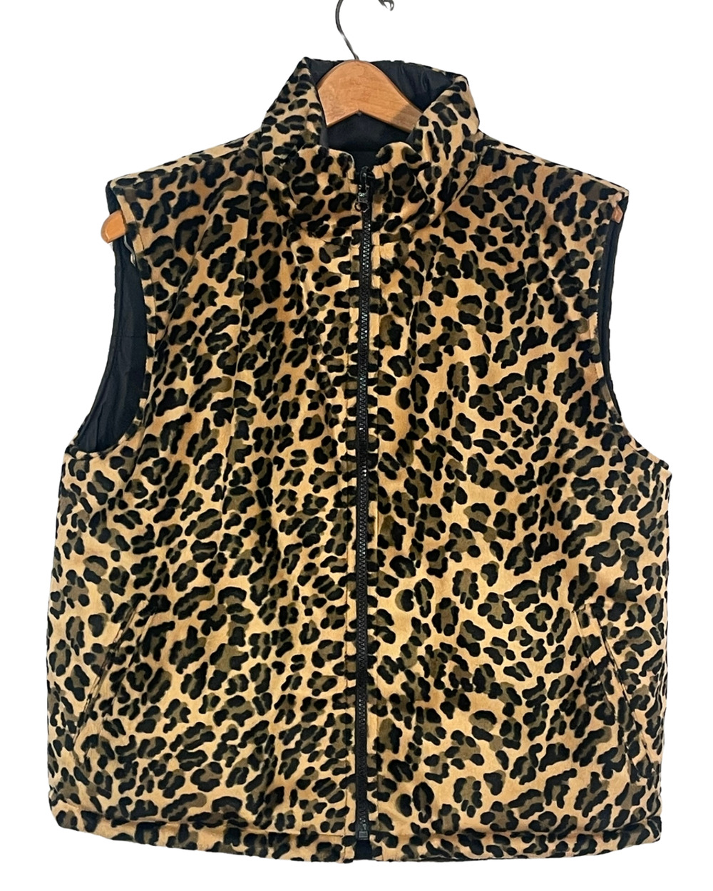 Carolina Colours Sz M Reversible Puffy Zip-Up Vest Black PU & Faux Fur Leopard